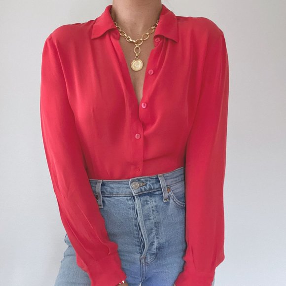 Vintage Tops - Vintage 100% Silk Red Button Down Blouse